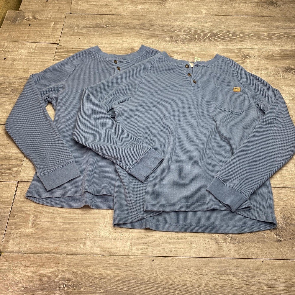 L.L.Bean BeanBuilt Waffle Henley Mens L Waffle Thermal Long Sleeve Blue Lot 2